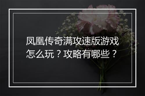 凤凰传奇满攻速版游戏怎么玩？攻略有哪些？