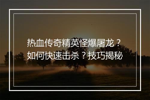 热血传奇精英怪爆屠龙？如何快速击杀？技巧揭秘
