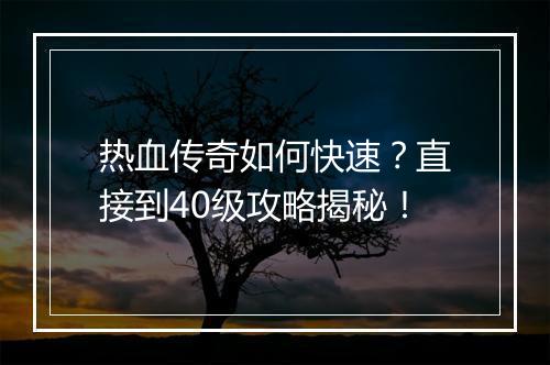 热血传奇如何快速？直接到40级攻略揭秘！