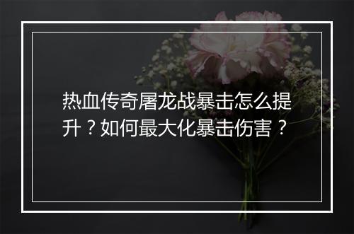 热血传奇屠龙战暴击怎么提升？如何最大化暴击伤害？