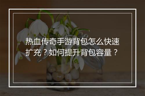 热血传奇手游背包怎么快速扩充？如何提升背包容量？