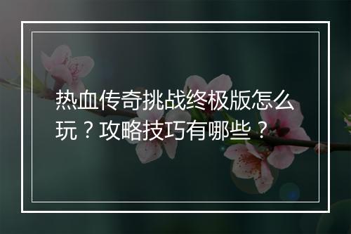 热血传奇挑战终极版怎么玩？攻略技巧有哪些？