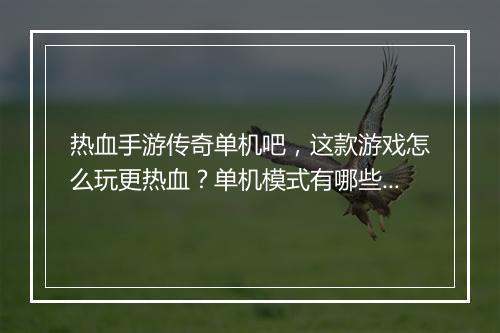 热血手游传奇单机吧，这款游戏怎么玩更热血？单机模式有哪些亮点？