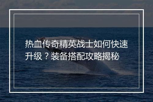 热血传奇精英战士如何快速升级？装备搭配攻略揭秘