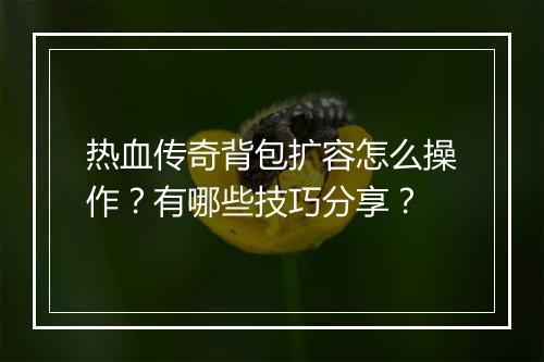热血传奇背包扩容怎么操作？有哪些技巧分享？