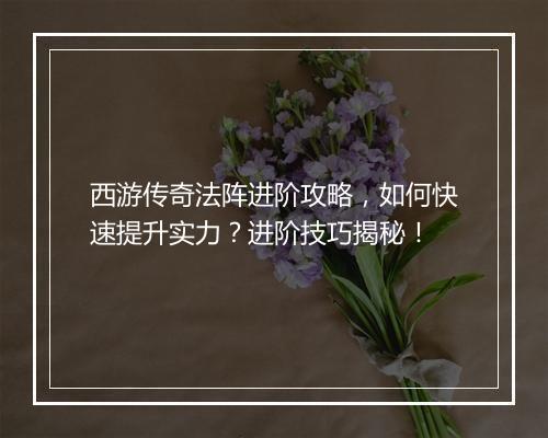 西游传奇法阵进阶攻略，如何快速提升实力？进阶技巧揭秘！