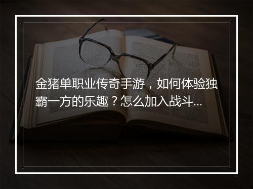 金猪单职业传奇手游，如何体验独霸一方的乐趣？怎么加入战斗？