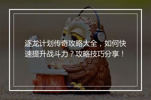 逐龙计划传奇攻略大全，如何快速提升战斗力？攻略技巧分享！