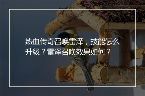 热血传奇召唤雷泽，技能怎么升级？雷泽召唤效果如何？