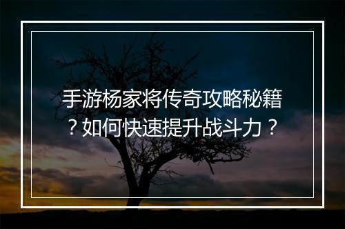 手游杨家将传奇攻略秘籍？如何快速提升战斗力？