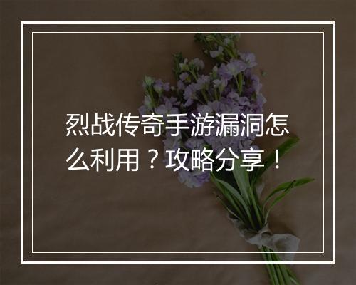 烈战传奇手游漏洞怎么利用？攻略分享！