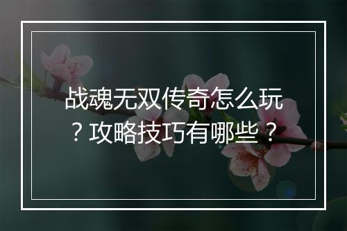 战魂无双传奇怎么玩？攻略技巧有哪些？