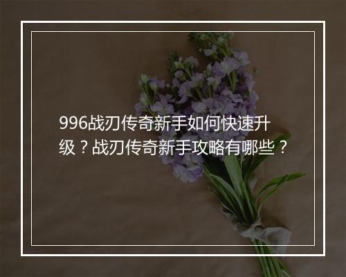 996战刃传奇新手如何快速升级？战刃传奇新手攻略有哪些？