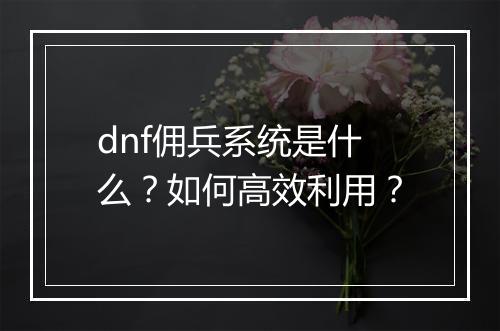 dnf佣兵系统是什么？如何高效利用？