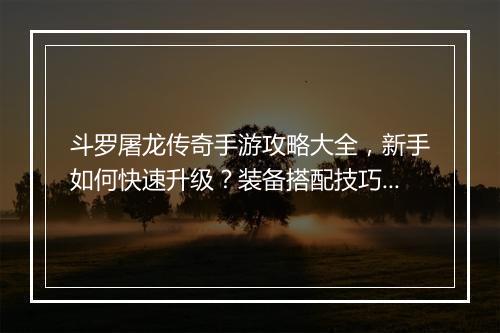 斗罗屠龙传奇手游攻略大全，新手如何快速升级？装备搭配技巧有哪些？