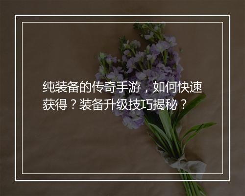 纯装备的传奇手游，如何快速获得？装备升级技巧揭秘？