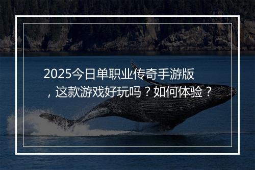 2025今日单职业传奇手游版，这款游戏好玩吗？如何体验？