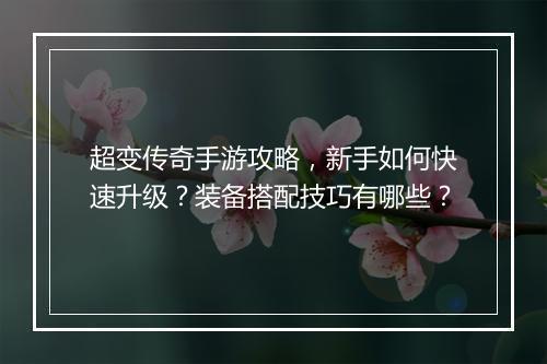 超变传奇手游攻略，新手如何快速升级？装备搭配技巧有哪些？