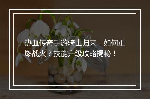 热血传奇手游骑士归来，如何重燃战火？技能升级攻略揭秘！