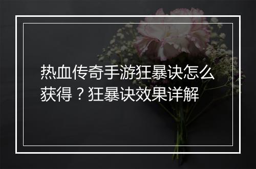 热血传奇手游狂暴诀怎么获得？狂暴诀效果详解