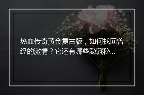 热血传奇黄金复古版，如何找回曾经的激情？它还有哪些隐藏秘籍？
