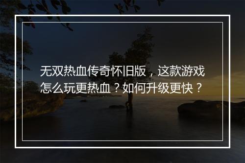 无双热血传奇怀旧版，这款游戏怎么玩更热血？如何升级更快？