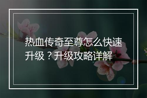 热血传奇至尊怎么快速升级？升级攻略详解