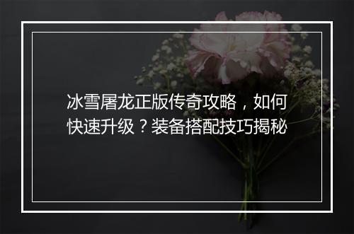 冰雪屠龙正版传奇攻略，如何快速升级？装备搭配技巧揭秘