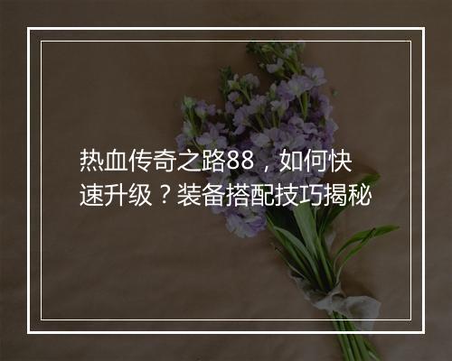 热血传奇之路88，如何快速升级？装备搭配技巧揭秘