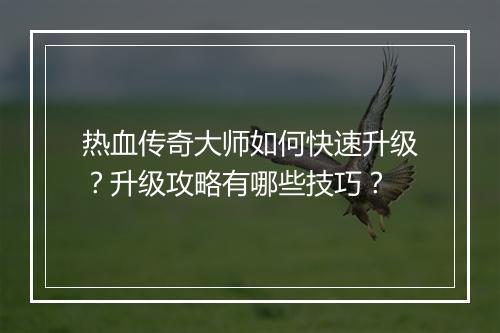 热血传奇大师如何快速升级？升级攻略有哪些技巧？