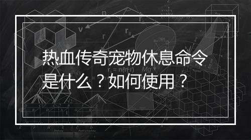 热血传奇宠物休息命令是什么？如何使用？