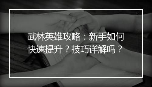 武林英雄攻略：新手如何快速提升？技巧详解吗？