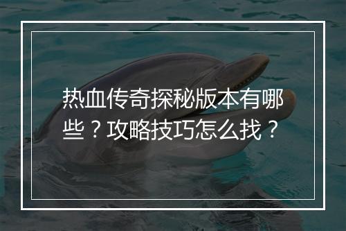 热血传奇探秘版本有哪些？攻略技巧怎么找？