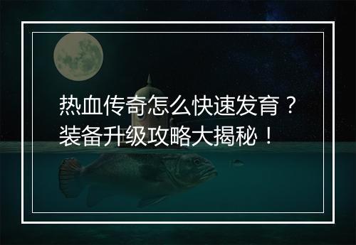 热血传奇怎么快速发育？装备升级攻略大揭秘！