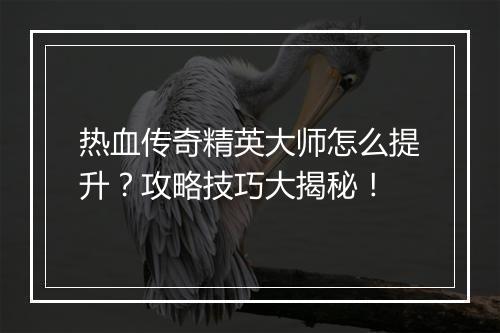 热血传奇精英大师怎么提升？攻略技巧大揭秘！