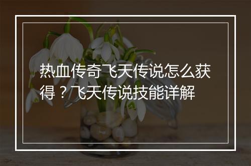 热血传奇飞天传说怎么获得？飞天传说技能详解