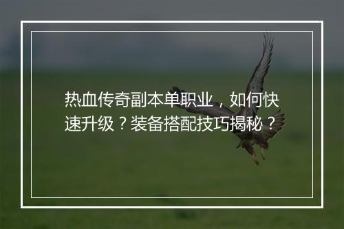 热血传奇副本单职业，如何快速升级？装备搭配技巧揭秘？