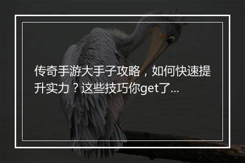 传奇手游大手子攻略，如何快速提升实力？这些技巧你get了吗？