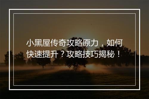 小黑屋传奇攻略原力，如何快速提升？攻略技巧揭秘！