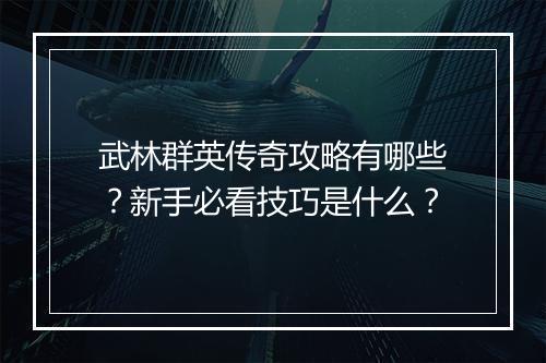 武林群英传奇攻略有哪些？新手必看技巧是什么？