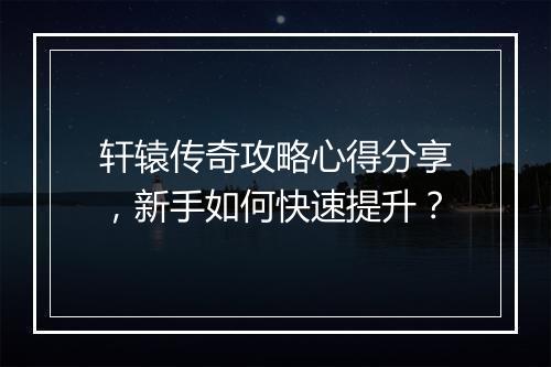 轩辕传奇攻略心得分享，新手如何快速提升？