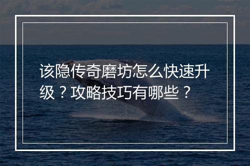 该隐传奇磨坊怎么快速升级？攻略技巧有哪些？