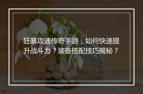 狂暴攻速传奇手游，如何快速提升战斗力？装备搭配技巧揭秘？