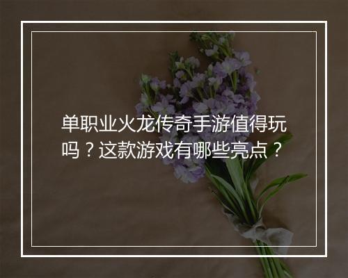 单职业火龙传奇手游值得玩吗？这款游戏有哪些亮点？