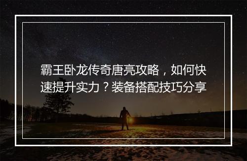 霸王卧龙传奇唐亮攻略，如何快速提升实力？装备搭配技巧分享