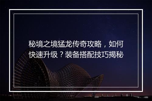 秘境之境猛龙传奇攻略，如何快速升级？装备搭配技巧揭秘