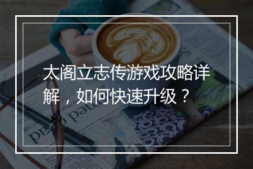 太阁立志传游戏攻略详解，如何快速升级？