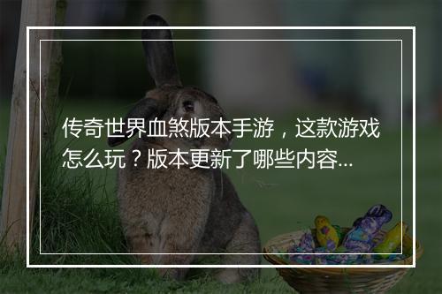 传奇世界血煞版本手游，这款游戏怎么玩？版本更新了哪些内容？
