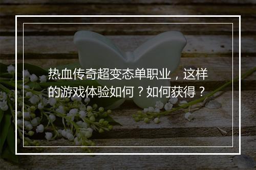 热血传奇超变态单职业，这样的游戏体验如何？如何获得？