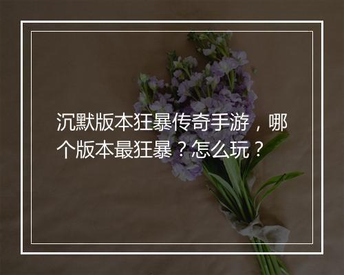 沉默版本狂暴传奇手游，哪个版本最狂暴？怎么玩？